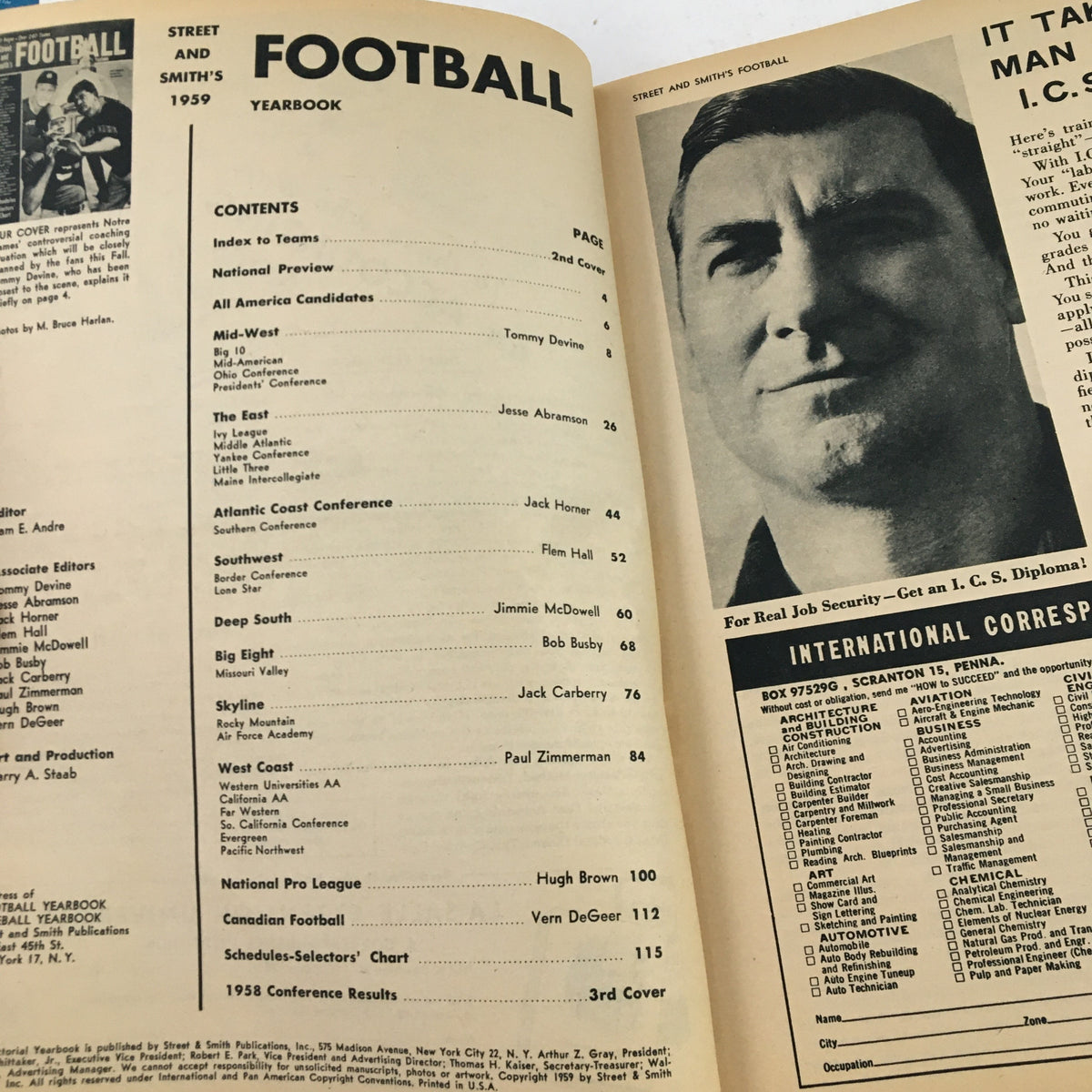 Table of contents from Street & Smith's Football 1959 Yearbook, featuring listings of team indices and notable players, representing the comprehensive coverage of football at the time.