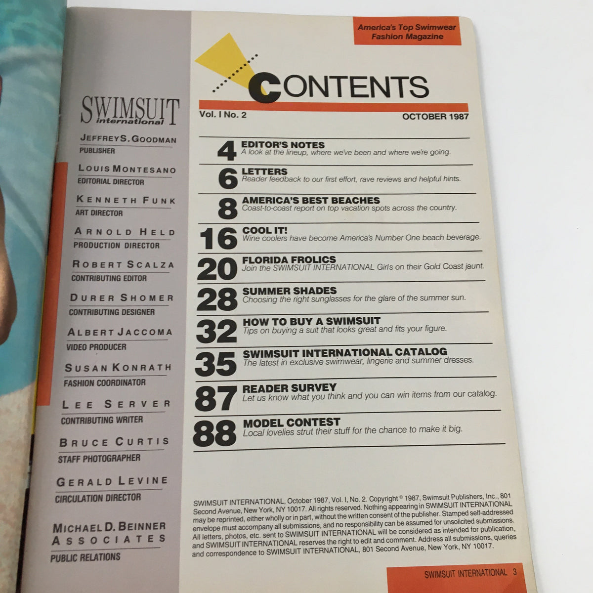 Table of contents page from Swimsuit International Magazine, October 1987. Lists articles and features, including 'America's Best Beaches' and 'How to Buy a Swimsuit', emphasizing the magazine's fashion and lifestyle content.