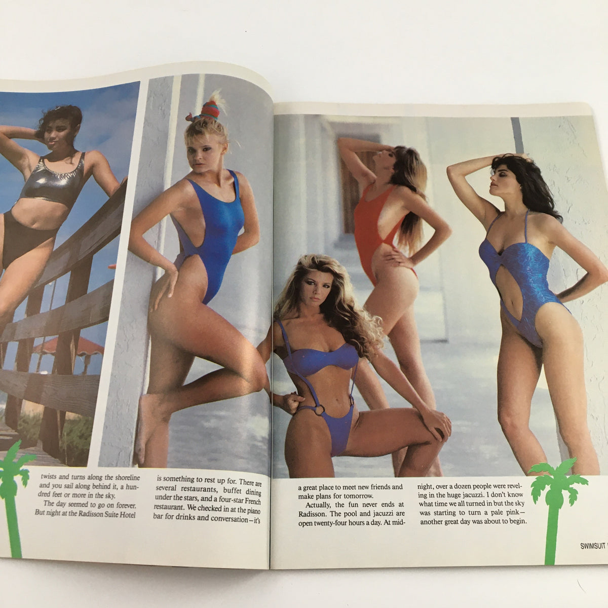 Fashion editorial page from Swimsuit International Magazine, October 1987, displaying models in various swimwear styles, demonstrating the latest trends in swimwear fashion.