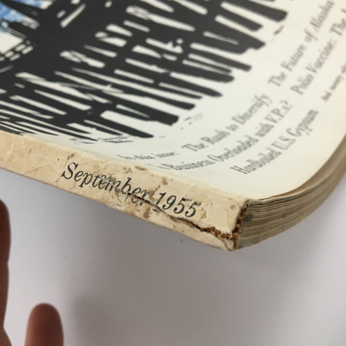 Side view of the September 1955 Fortune Magazine displaying the date and edge wear typical of vintage publications.