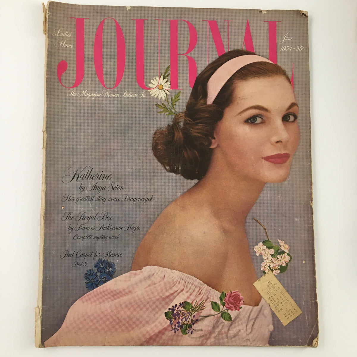 Cover of Ladies' Home Journal Magazine, June 1954, featuring the title 'Katherine & Her Greatest Story' with a vintage portrait of a woman wearing a pink dress and hair accessory. This collectible magazine epitomizes 1950s aesthetics.