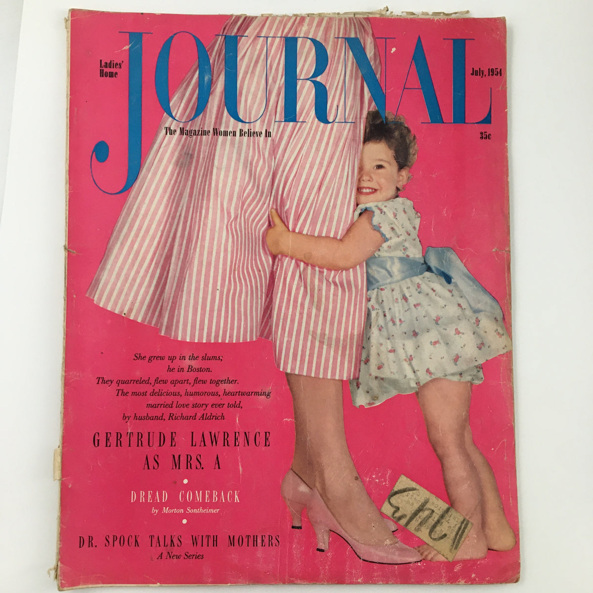 Ladies' Home Journal Magazine July 1954 cover featuring Gertrude Lawrence as Mrs. A, showcasing vibrant pink theme and mid-century design aesthetics.