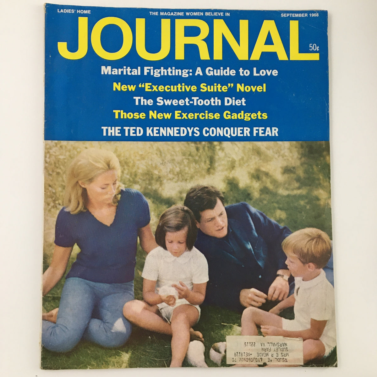 Cover of Ladies' Home Journal magazine from September 1968 featuring the title 'The Ted Kennedys Conquer Fear', alongside articles on marital relationships, new novels, and diet tips. The cover displays a family scene with two children and adults sitting outdoors.
