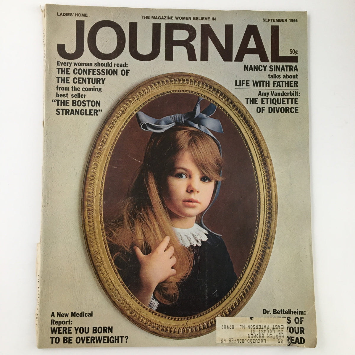 Cover of Ladies' Home Journal Magazine September 1966 featuring an article about Nancy Sinatra discussing her life, with a vintage portrait of a young girl framed in an ornate design.