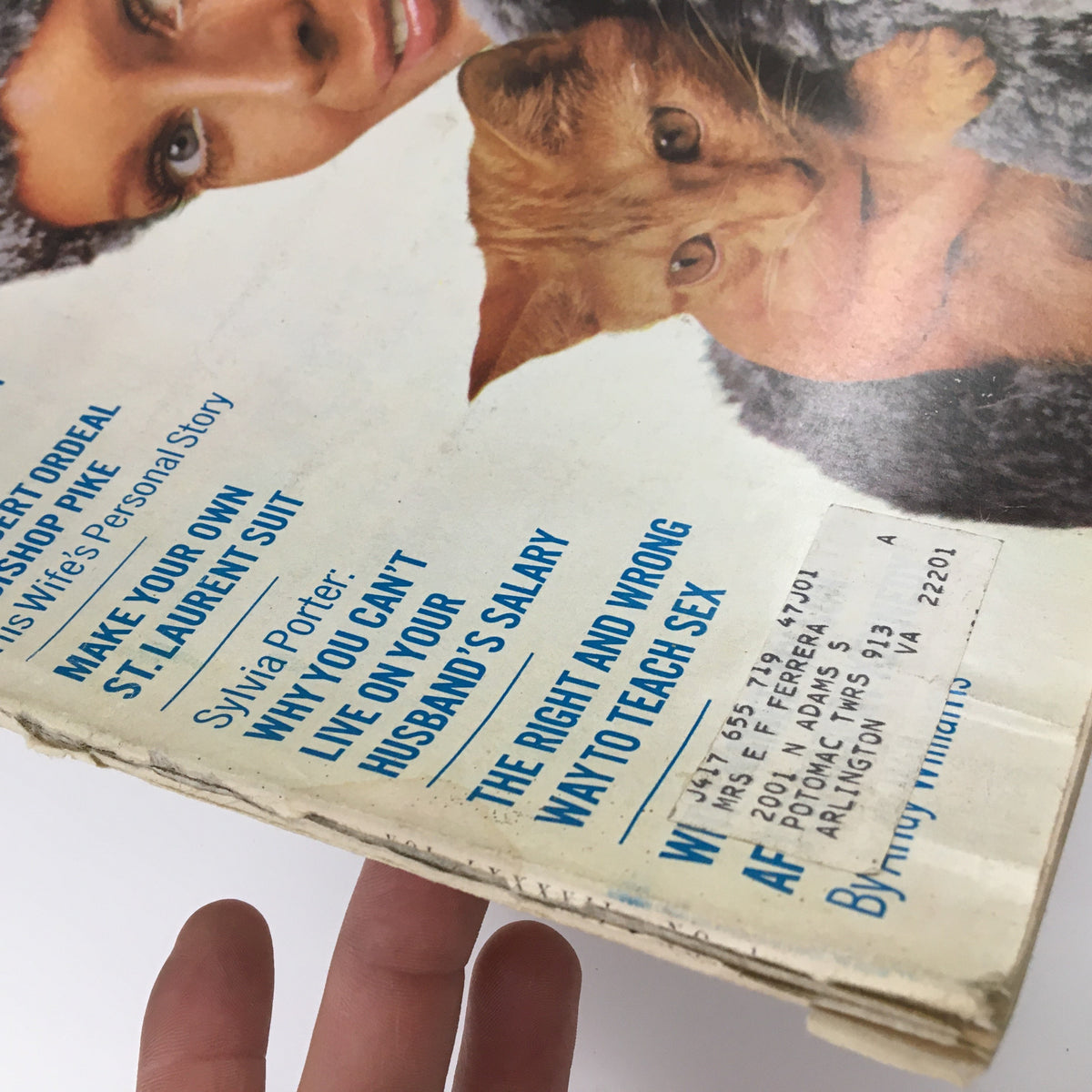 Close-up of the cover of Ladies' Home Journal Magazine January 1970, highlighting the article White House Pets and featuring a woman with a cat.