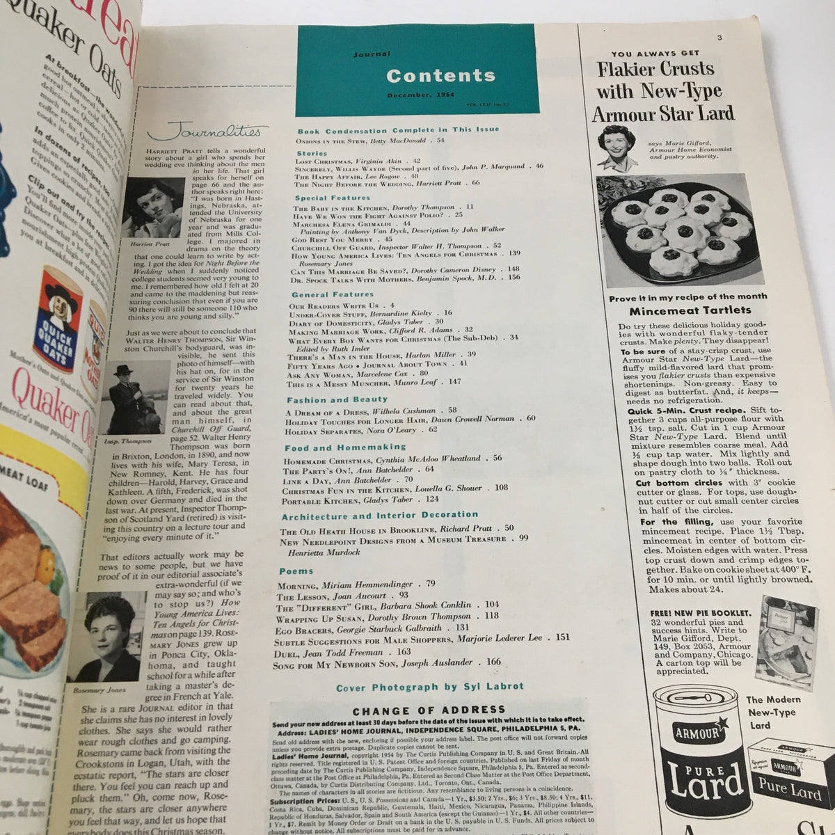 Inside page of Ladies' Home Journal Magazine December 1954 highlighting the table of contents, providing insights into articles and features relevant to the 1950s women's culture.