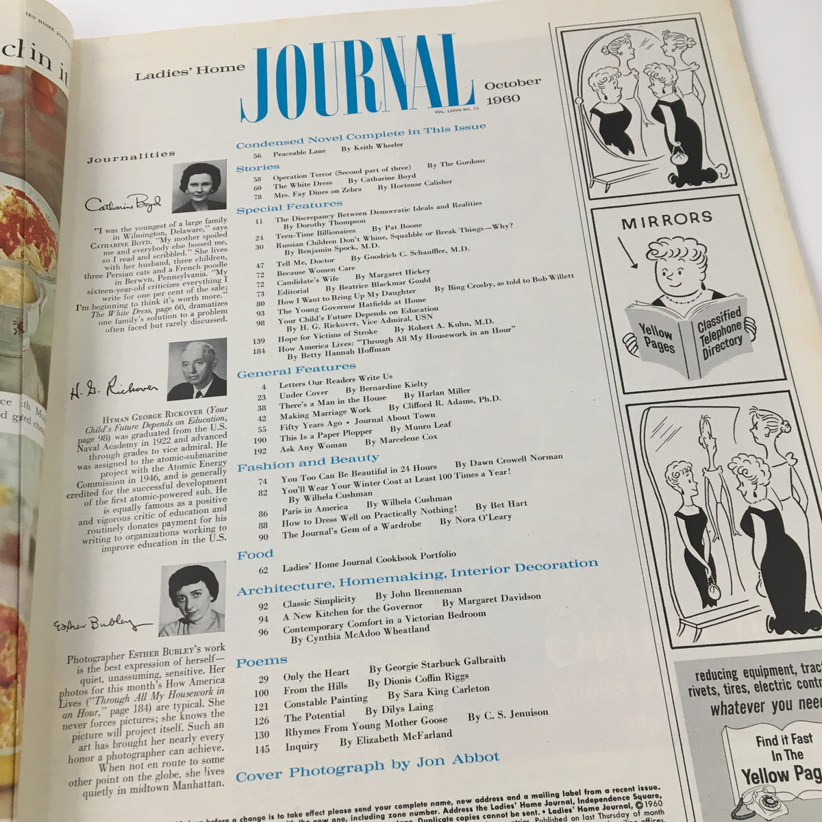 Interior page of Ladies' Home Journal Magazine October 1960 showcasing the table of contents, including articles on fashion, beauty, and homemaking, reflective of the era's culture.