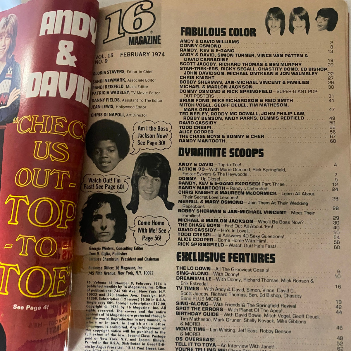 Inside page of February 1974 16 Magazine featuring Andy & David, listing articles and interviews in the vintage magazine.