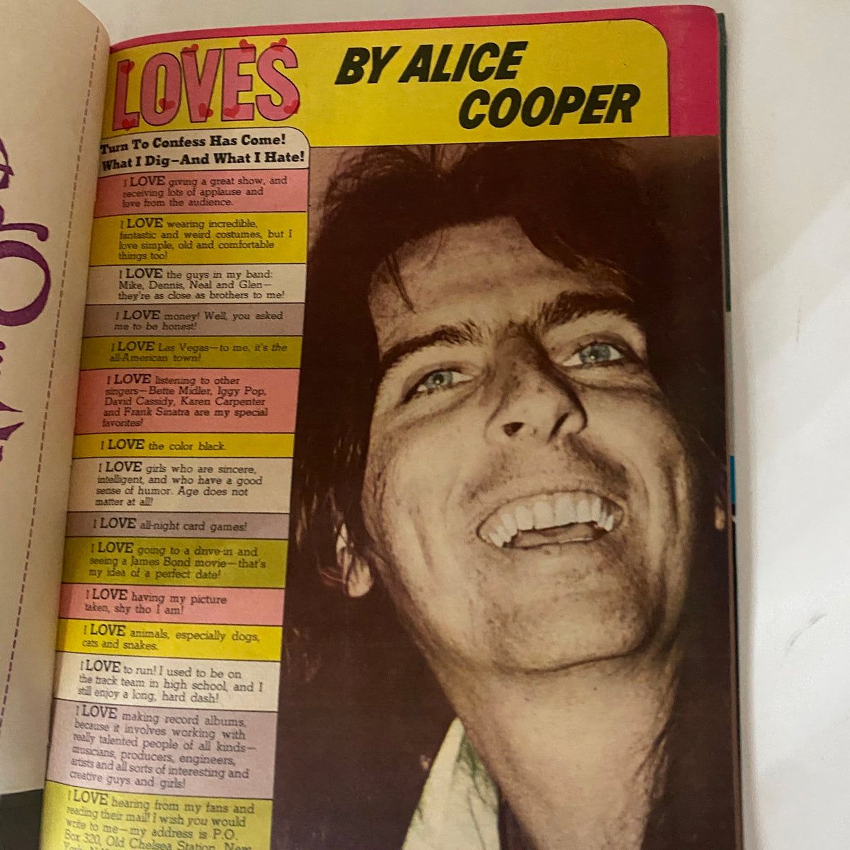 16 Magazine March 1974 featuring Alice Cooper's column 'LOVE'S' with a close-up photograph of the artist and insights into his interests and preferences.