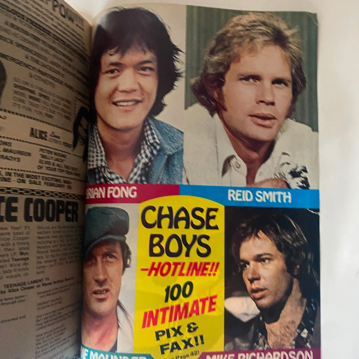 16 Magazine March 1974 showcasing a collage of male celebrities including Brian Fong, Reid Smith, and others, promoting a feature on 'Chase Boys' hotline.