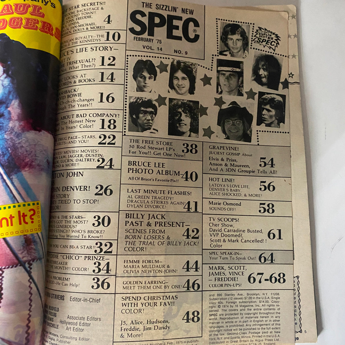 Table of contents page from VTG SPEC Magazine February 1975, listing articles including features on John Denver and Elton John.