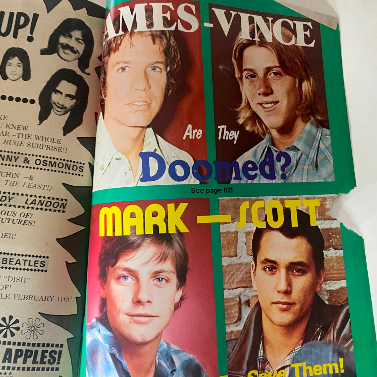 Spread from VTG SPEC Magazine February 1975 featuring James and Vince with the title 'Are They Doomed?' showcasing 70s pop culture and music nostalgia.
