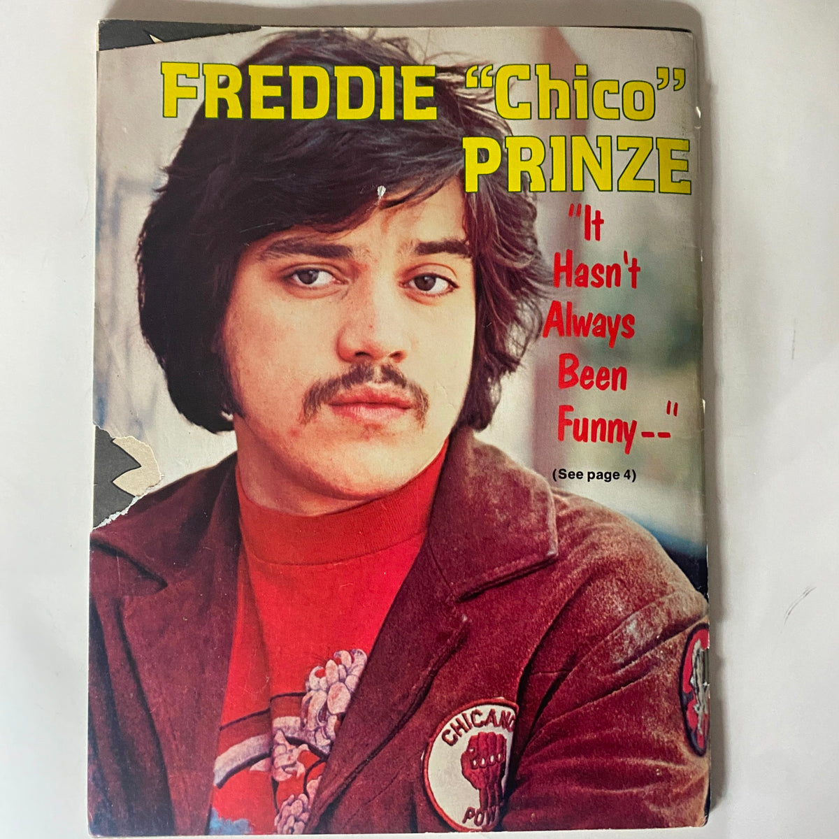 Cover of VTG SPEC Magazine February 1975 featuring Freddie 'Chico' Prinze with the caption 'It Hasn't Always Been Funny' reflecting the era's humor and culture.
