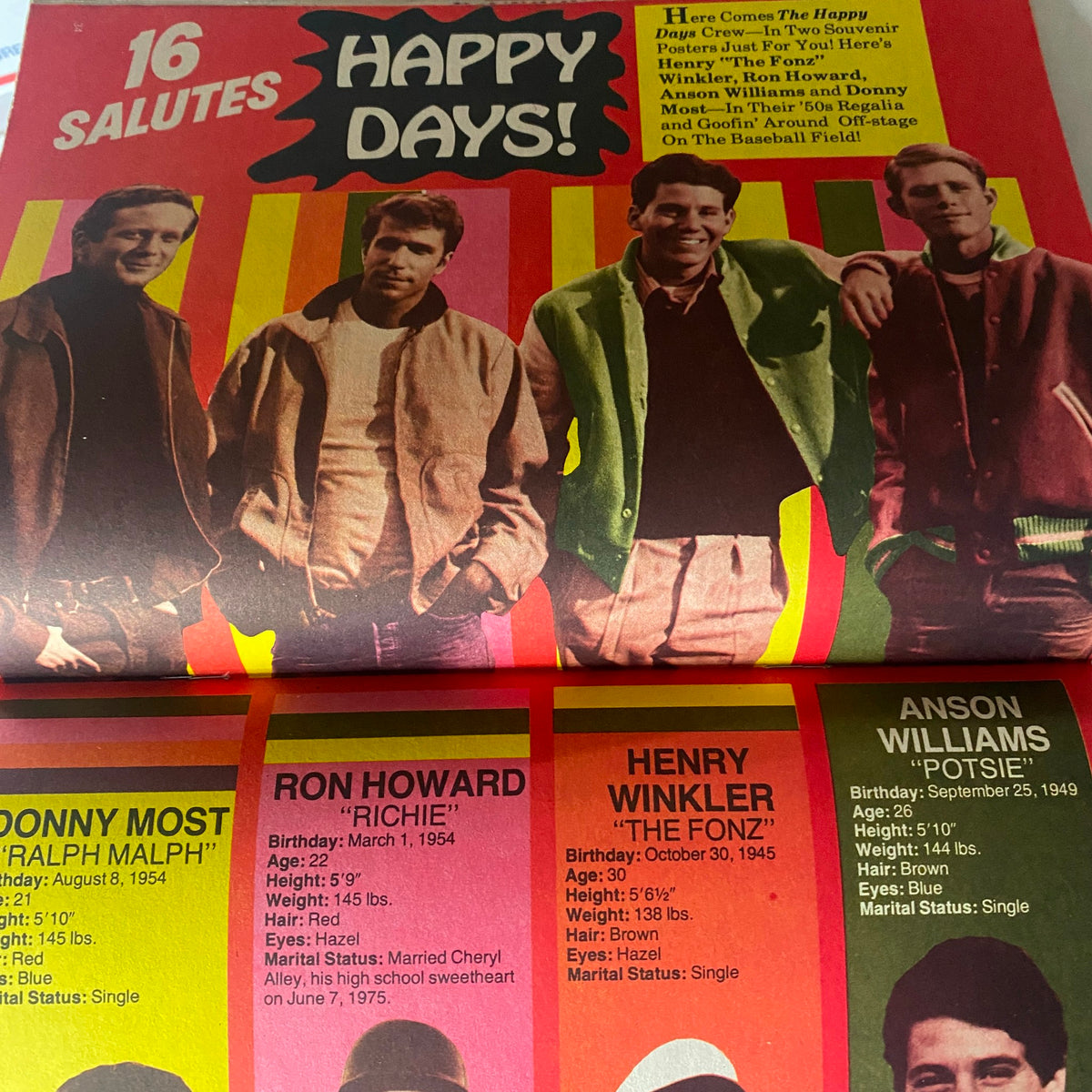 Colorful two-page spread in June 1976 16 Magazine celebrating the cast of Happy Days, including Ron Howard and Henry Winkler with details on their characters.