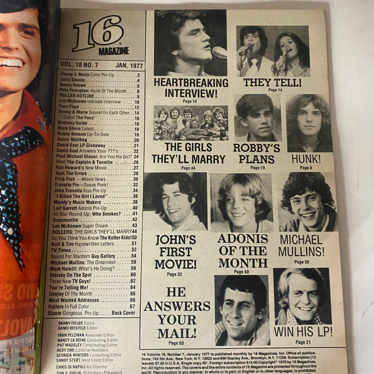 Vintage 16 Magazine January 1977 Donny & Marie, Peter Frampton VG w Poster No Label