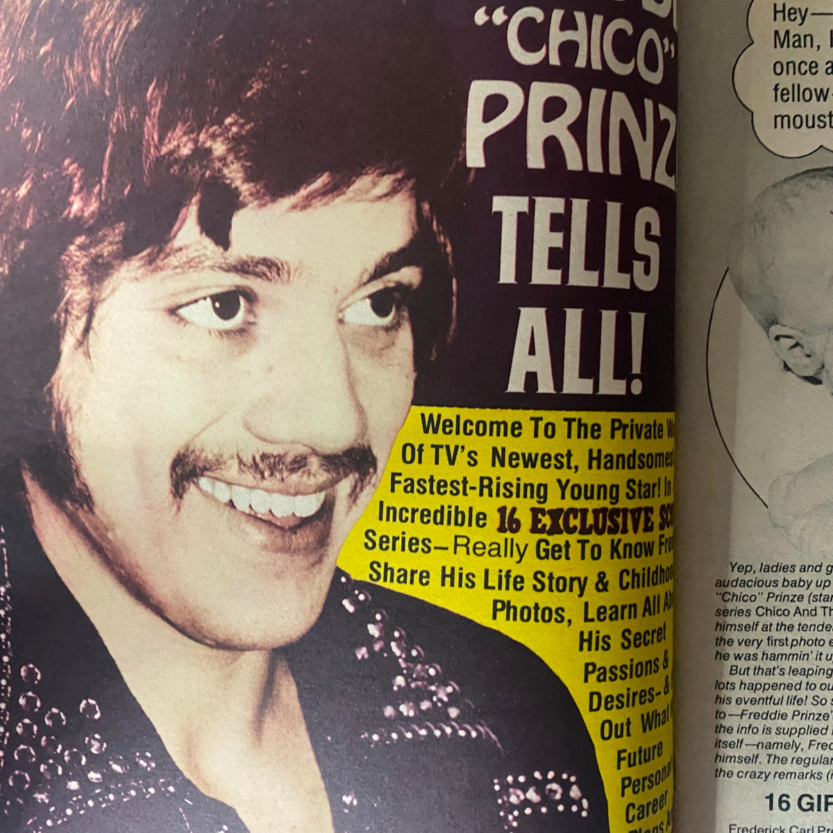 Vintage 16 Magazine February 1975 featuring Donny & The Osmonds, highlighting an article about 'Chico' Prinze with exclusive photos and insights.
