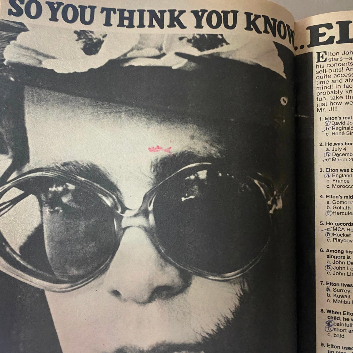 Vintage 16 Magazine September 1975 showcases an intriguing close-up of a person wearing glasses with the caption 'So You Think You Know... Elton' emphasizing a quiz theme.