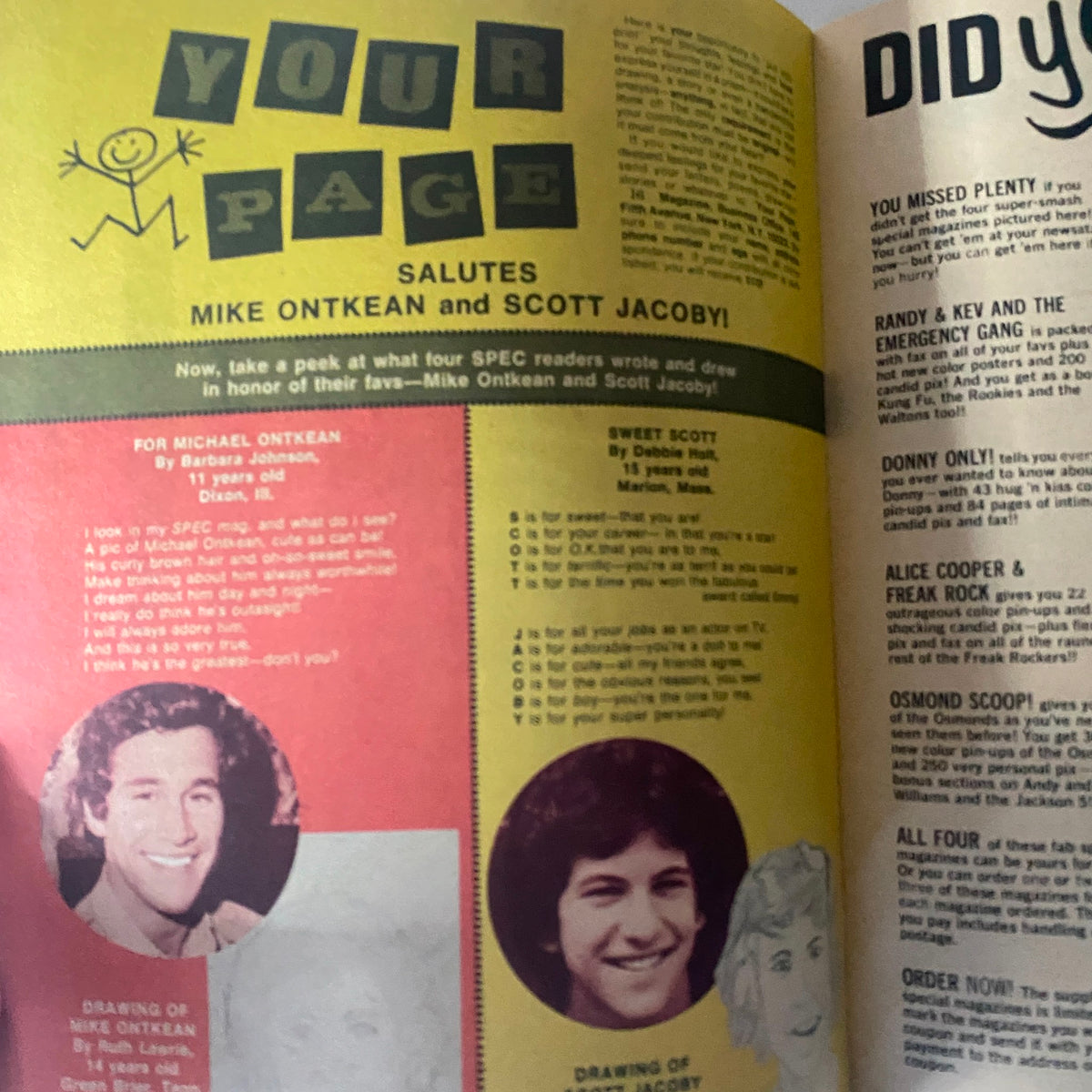 Interior page of VTG 16 SPEC Magazine February 1974 featuring a section saluting Mike Ontkean and Scott Jacoby with drawings and notes from fans.