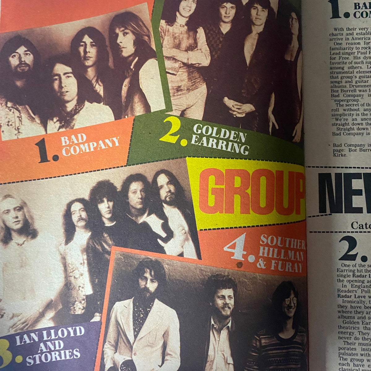 Featured music groups section from VTG 16 SPEC Magazine December 1974 showcasing Bad Company, Golden Earring, and Souther Hillman & Furay.