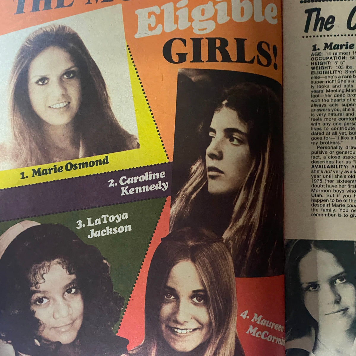 Image of the most eligible girls from VTG 16 SPEC Magazine December 1974, featuring Marie Osmond and LaToya Jackson among others.