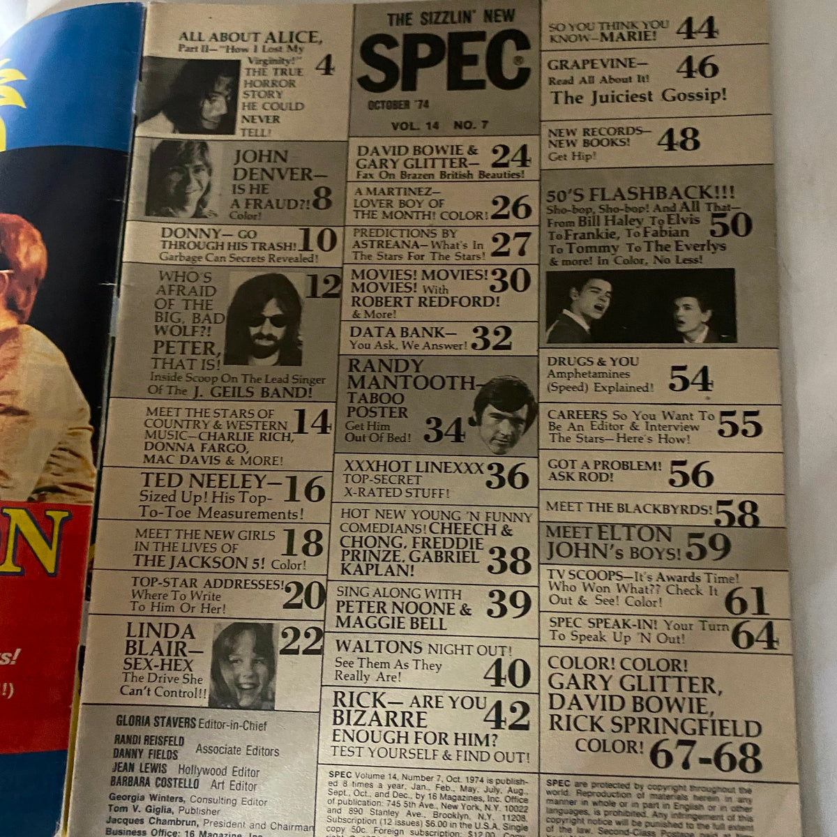 Interior page of VTG 16 SPEC Magazine, displaying the contents list from October 1974 highlighting articles featuring John Denver, Alice Cooper, and other cultural topics.
