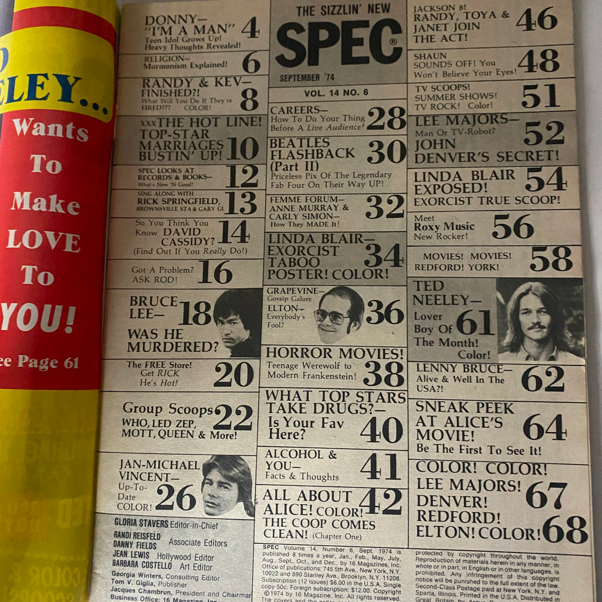 Inside page of VTG 16 SPEC Magazine September 1974 displaying the table of contents, highlighting articles about Bruce Lee and various pop culture themes of the 1970s.