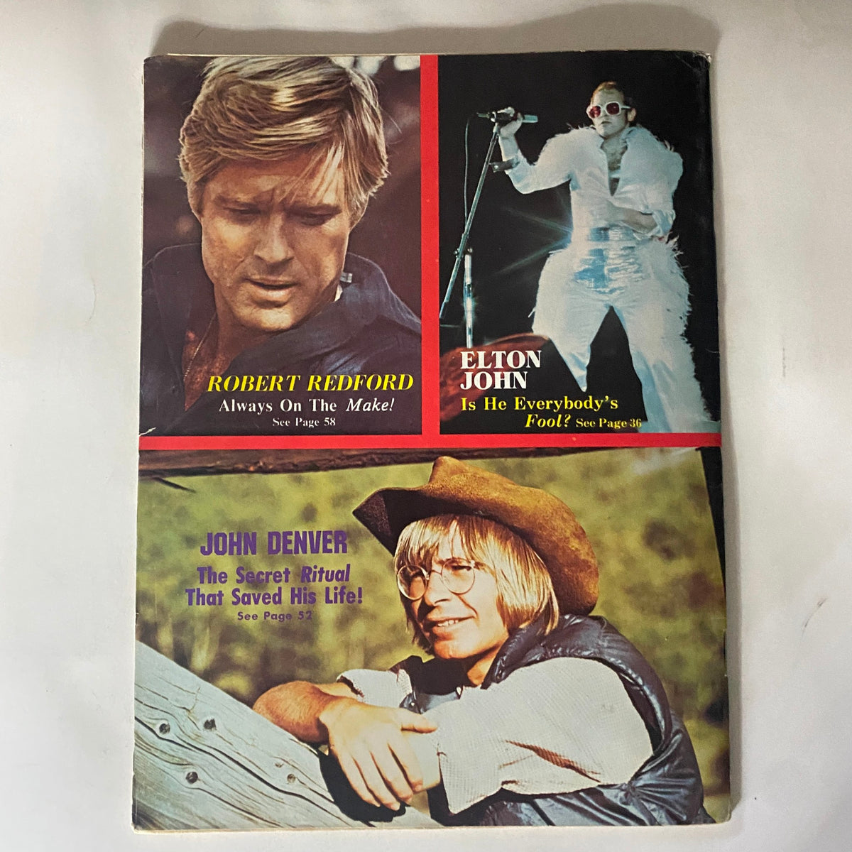 Cover of VTG 16 SPEC Magazine September 1974 featuring Robert Redford, Elton John, and John Denver, showcasing cultural icons of the era.