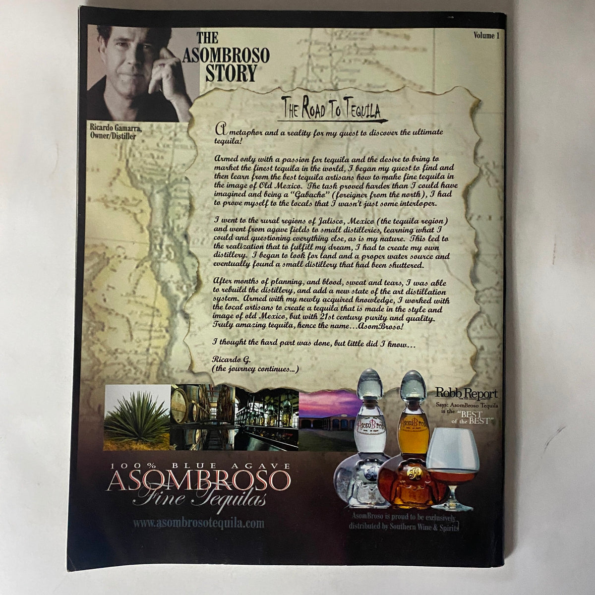 Back cover of Gladiator Magazine Issue No. 3, highlighting The Asombroso Story and featuring tequila-related content. The design includes a vintage map aesthetic and visuals of tequila bottles, complementing the magazine's theme of legendary figures.