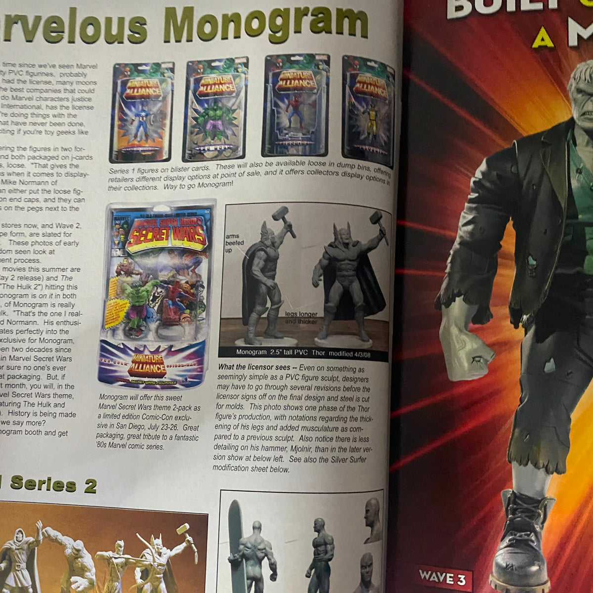 Lee's Toy Review Magazine June 2008 highlighting Marvelous Monogram collectibles with illustrations of various action figures.