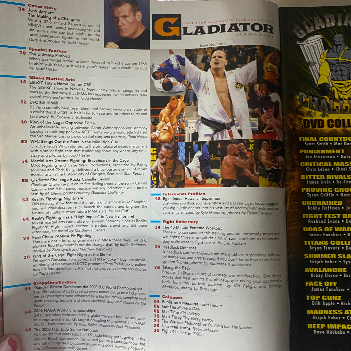 Interior page of Gladiator Magazine Issue No. 8 showcasing a detailed article on mixed martial arts and interviews, featuring Josh 'The Assassin' Barnett.