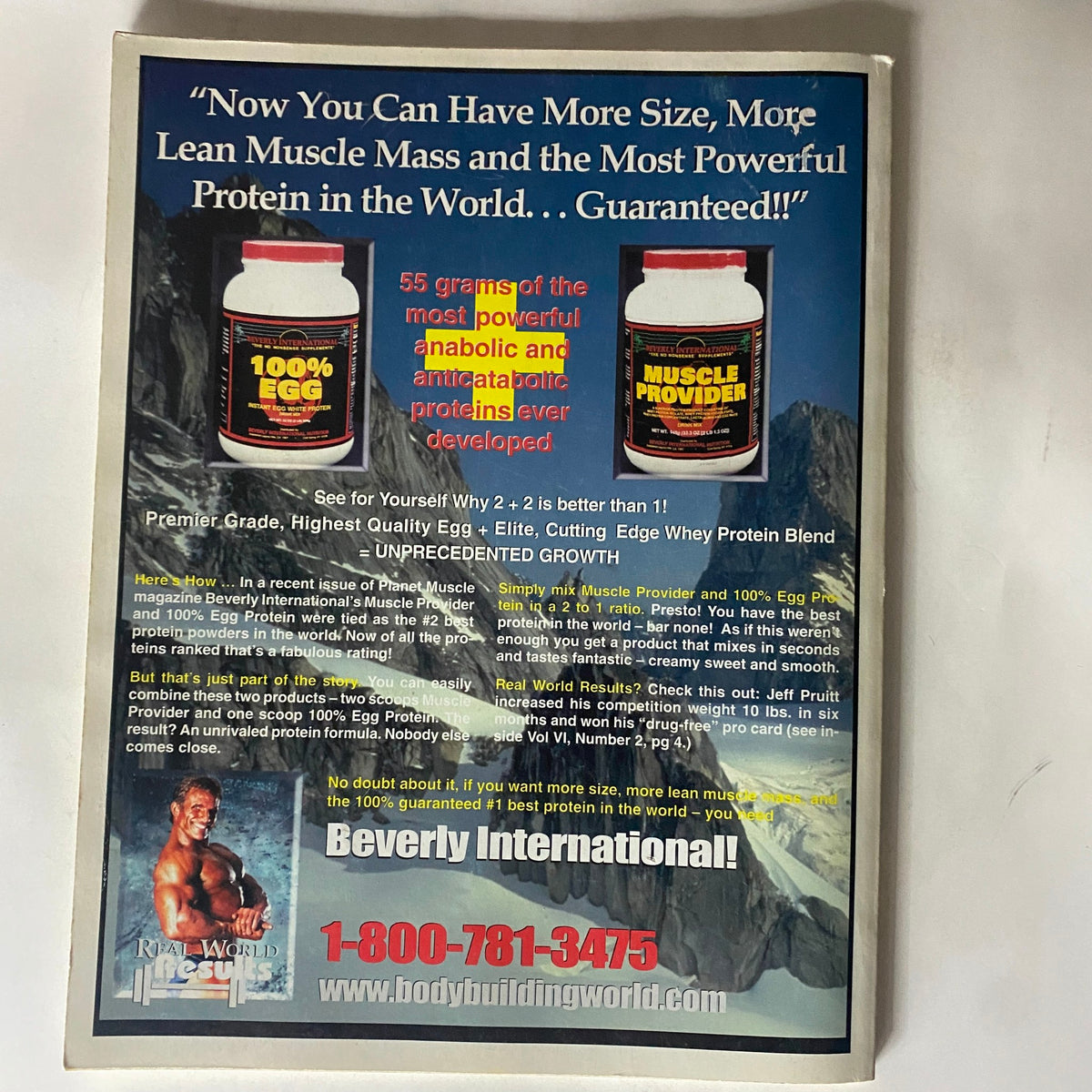 Back cover of the No Nonsense Newsletter 2000 Collector's Edition promoting bodybuilding supplements with a contact number for Beverly International.