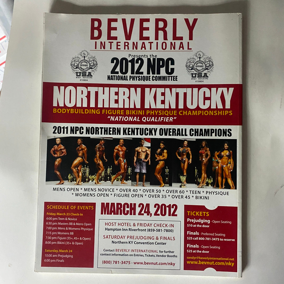 Promotional flyer for the 2012 NPC National Physique Committee Northern Kentucky body building championships featured in the No Nonsense Newsletter Magazine 2012 Platinum Collectors Edition.
