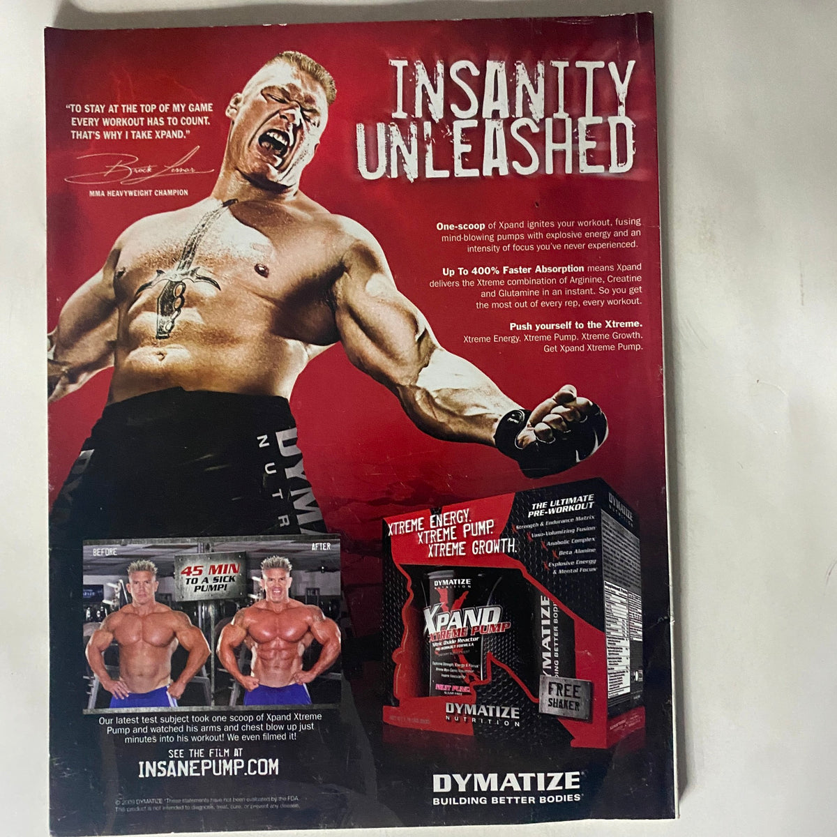 Insanity Unleashed advertisement featuring muscular athlete promoting Dymatize products. Part of the Muscle & Performance Magazine November 2009 with Alicia Marie on the cover.