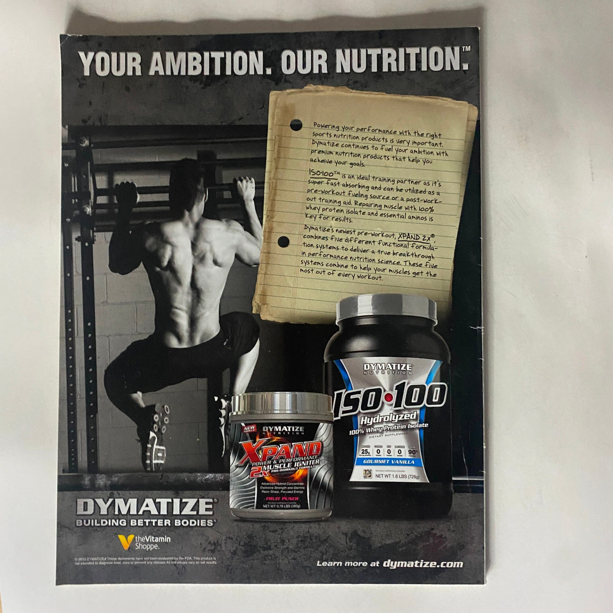 Advertisement for Dymatize nutrition products in Muscle & Performance Magazine January 2013, highlighting supplements for fitness enthusiasts.
