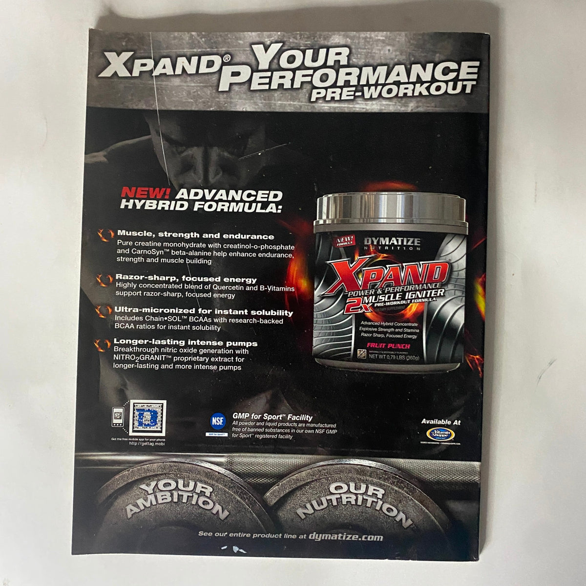 Back cover of Muscle & Performance Magazine July 2012, promoting Xpand pre-workout supplement for enhanced performance.