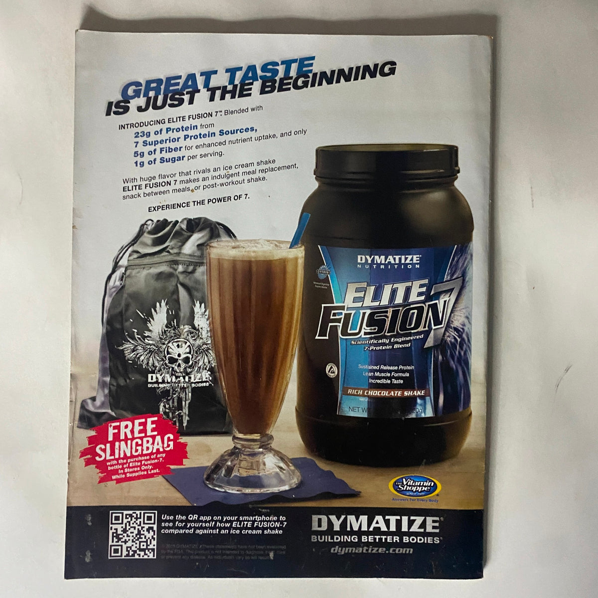 Advertisement for Dymatize Elite Fusion protein supplement featuring a shake and promotional free slingbag offer, from Muscle & Performance Magazine January 2011.