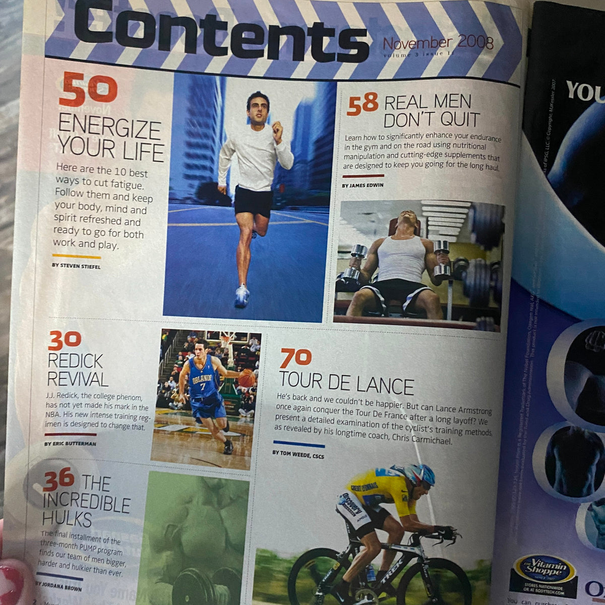 Contents page of Muscle & Body Magazine November 2008, Vol 3 Issue 11, highlighting articles on fitness, weight training, and athlete profiles.
