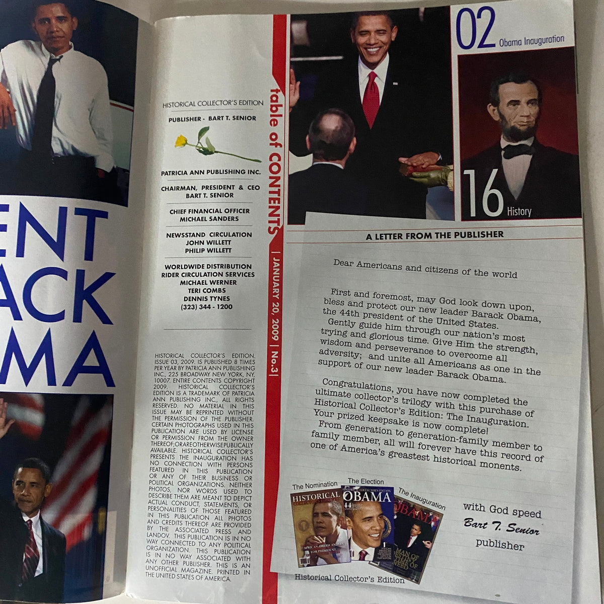 Inside of the 2009 Historical Collector's Edition Barack Obama The Inauguration, showcasing a letter from the publisher about Obama's historic inauguration.
