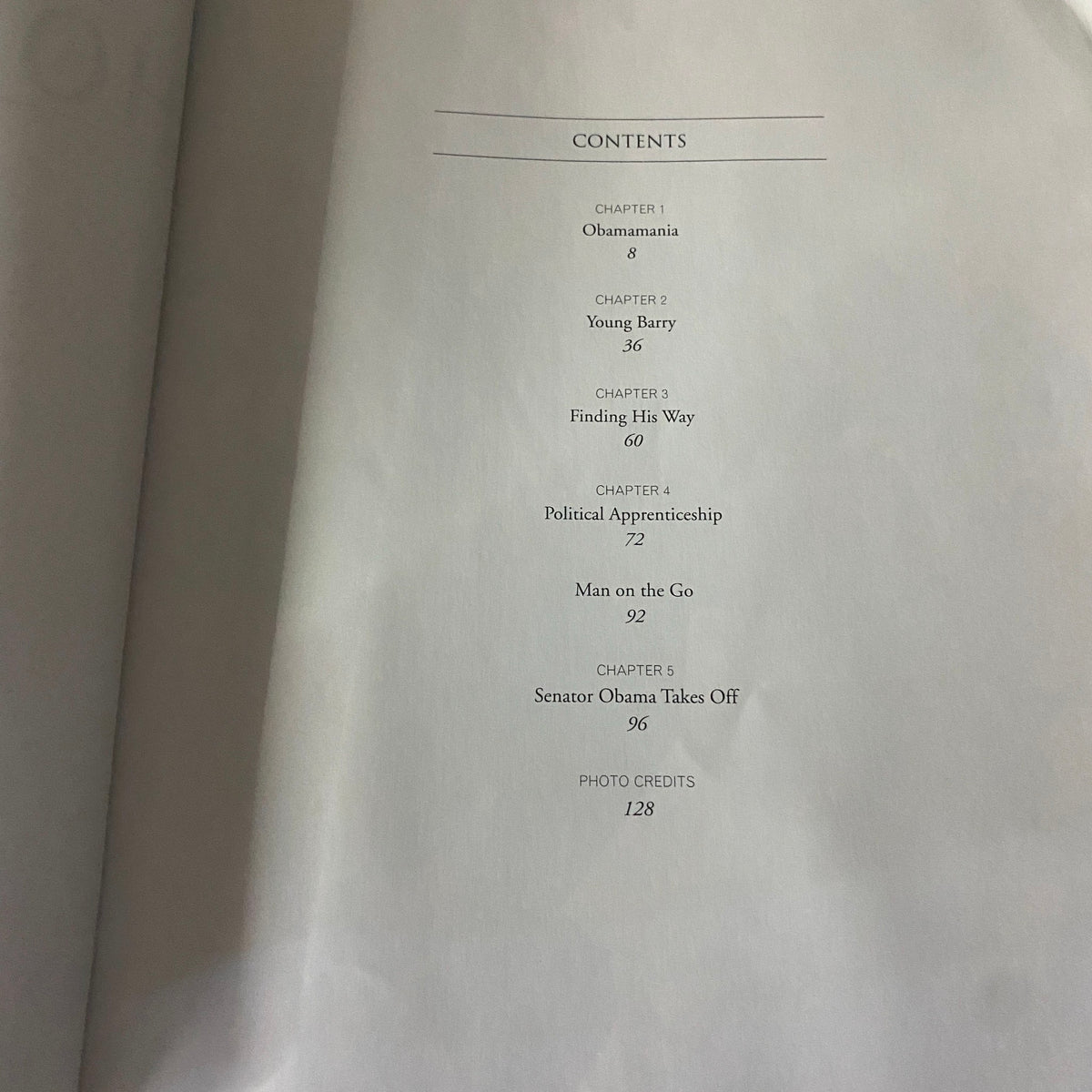 Contents page from '2007 Hopes and Dreams: The Story of Barack Obama' by Steve Dougherty. The page lists chapter titles including 'Obamamania', 'Young Barry', and 'Political Apprenticeship'.