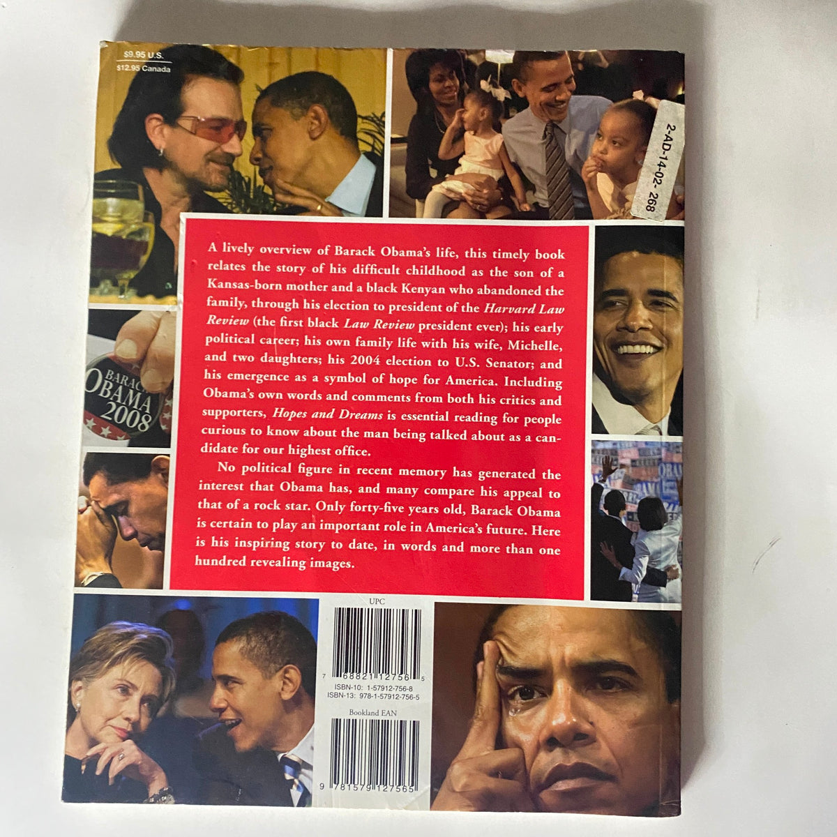 Back cover of '2007 Hopes and Dreams: The Story of Barack Obama' by Steve Dougherty, showcasing images related to Barack Obama's life, including notable public figures and moments.