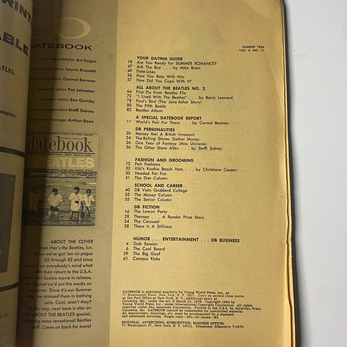 Inside page of Datebook Magazine Summer 1964 showcasing the Table of Contents. Highlights include sections on dating, special reports, and a feature on The Beatles.
