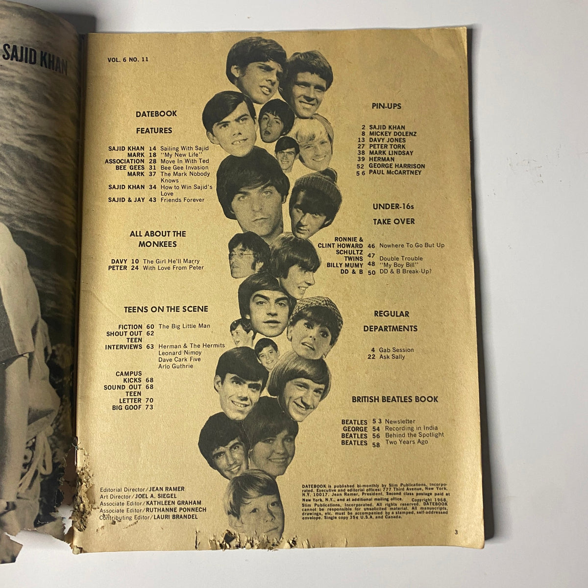 Inside page of Teen Datebook Magazine September 1968 displaying a table of contents with pictures of popular teen idols like Davy Jones.