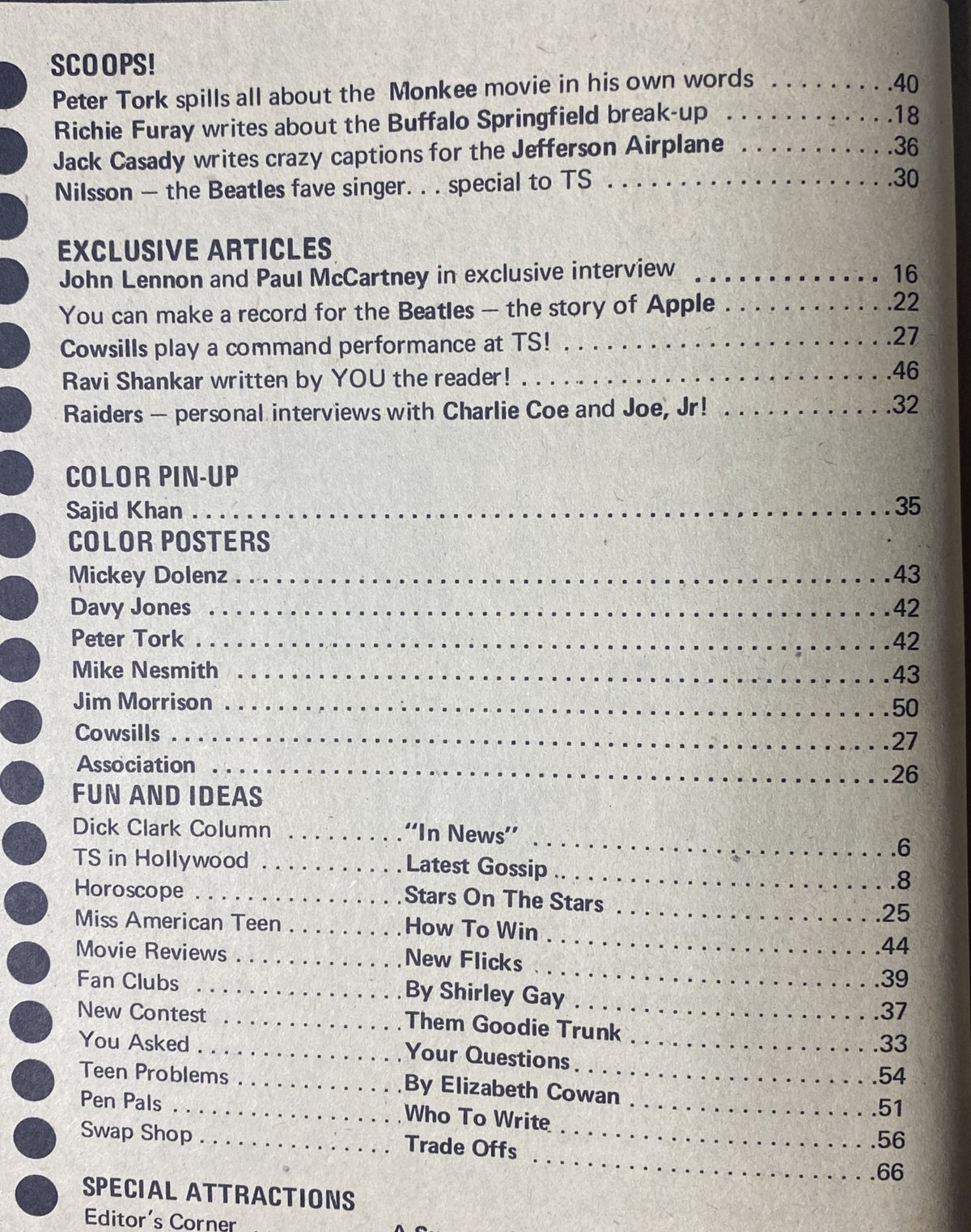 Table of contents from Teen Screen Magazine August 1968 featuring key articles including interviews with John Lennon and Paul McCartney, and coverage on The Monkees and other rock icons.