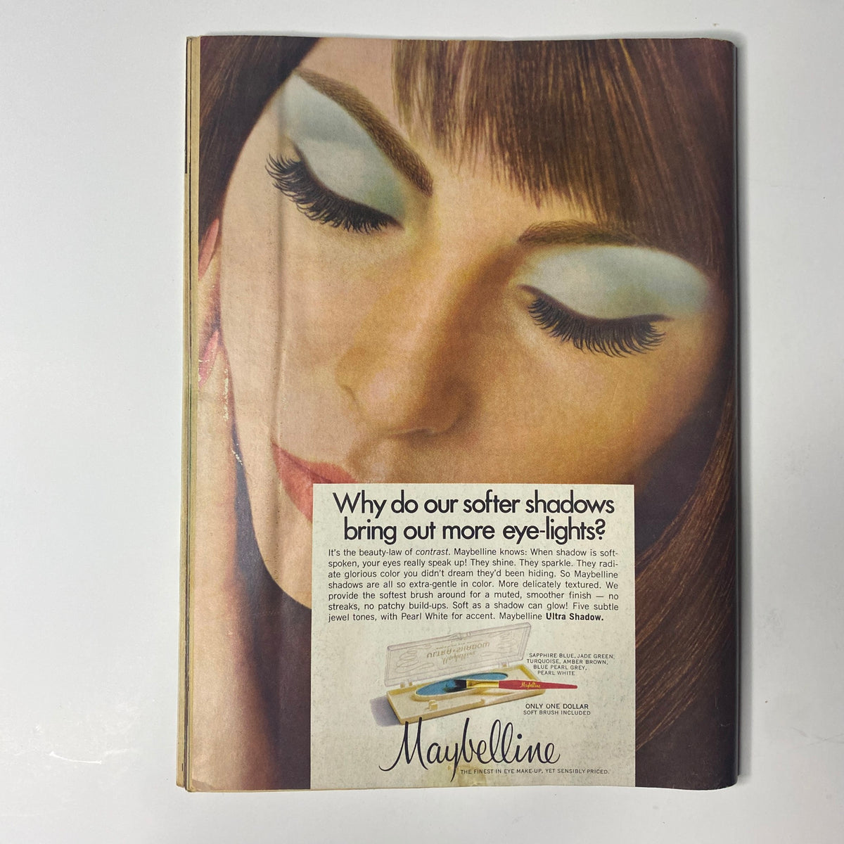 Maybelline advertisement from Teen Screen Magazine August 1968, promoting eye makeup products with a focus on softer eyeshadow for a youthful look.
