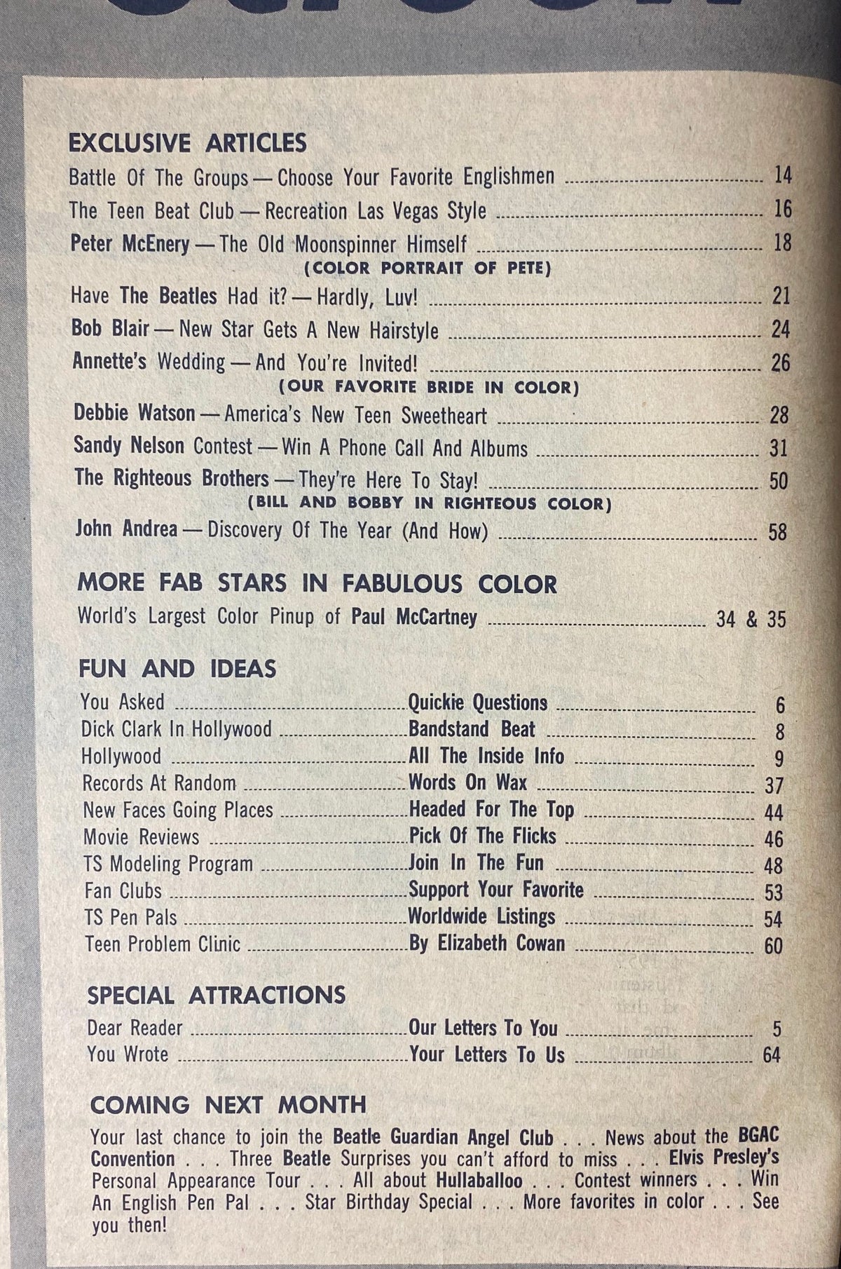 Table of contents from Teen Screen Magazine March 1965, showcasing exclusive articles including a major feature on The Beatles and various celebrities.