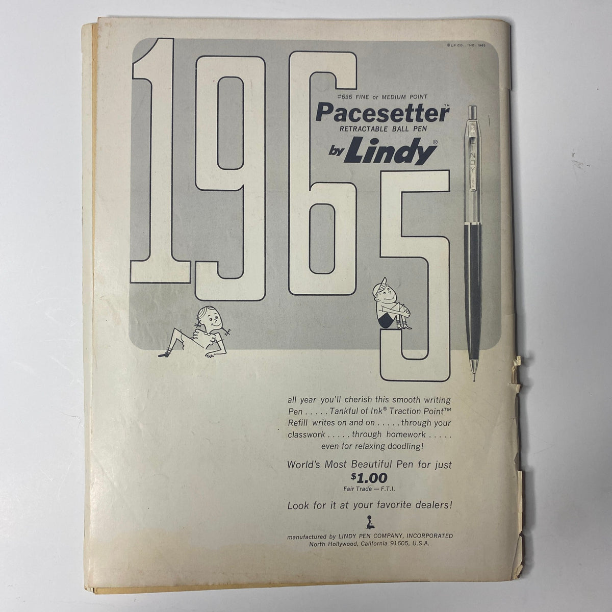 Back cover of Teen Screen Magazine March 1965 featuring promotional content for Lindy Pens, emphasizing the retro design and style.