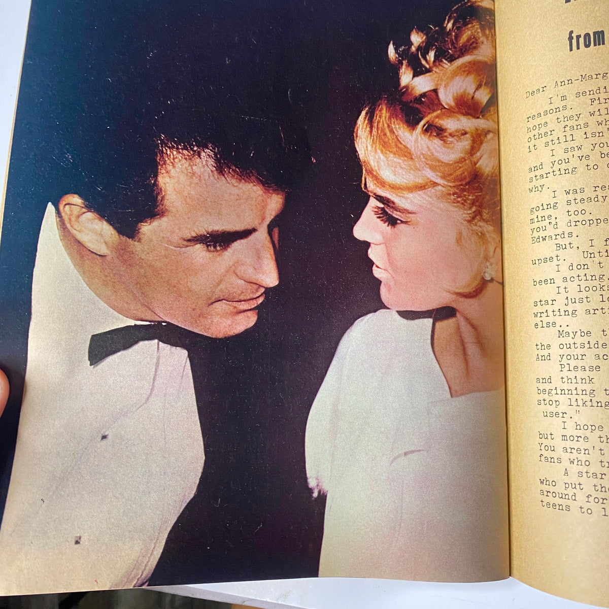 Close-up image from Teen Screen Magazine February 1965 showing a glamorous moment between two stars, with context about personal messages from readers.