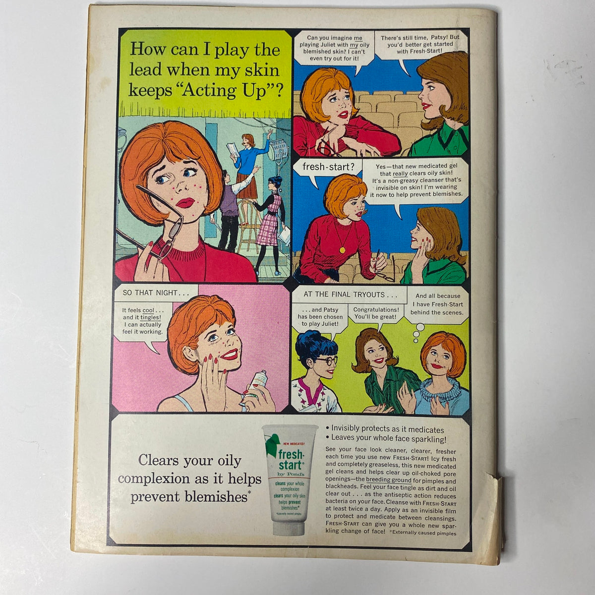 Advertisement page from Teen Screen Magazine February 1965, featuring beauty tips for preventing blemishes along with a cartoon-style illustration.