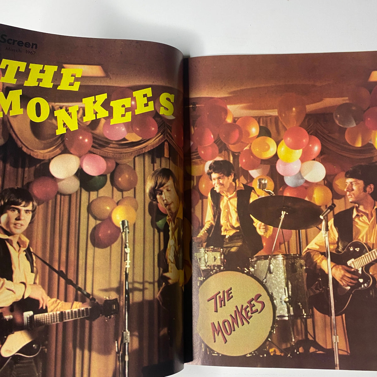 Photograph of The Monkees featured in Teen Screen Magazine, March 1967, showcasing vibrant colors and iconic 1960s teen culture.
