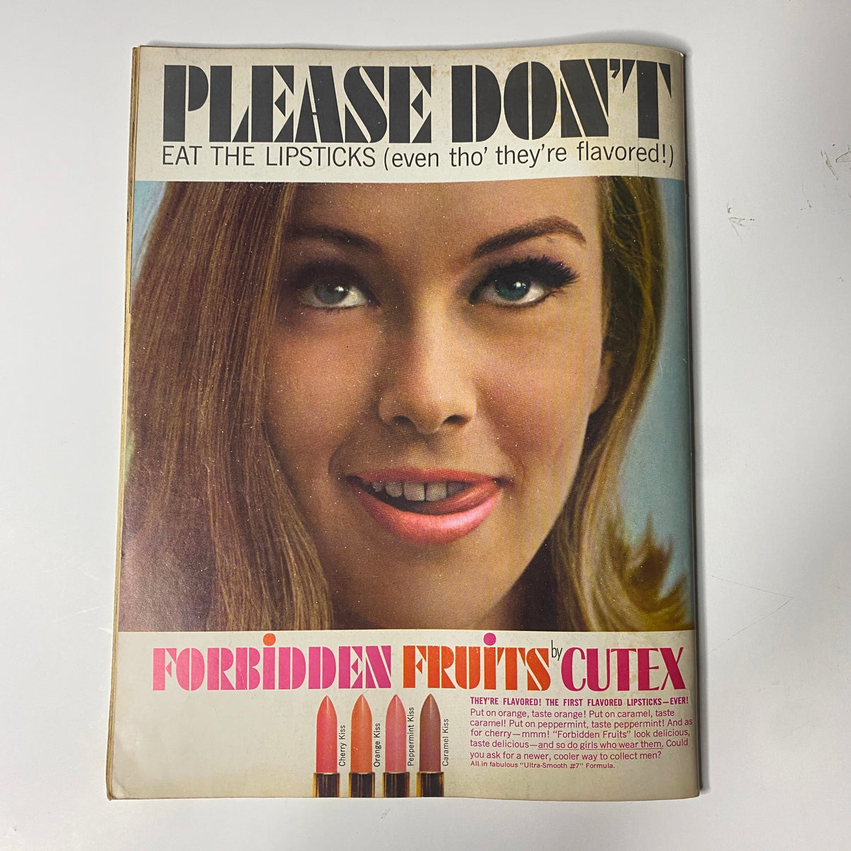 Teen Screen Magazine August 1964 with a vintage advertisement for Forbidden Fruits Cutex lipsticks, featuring a glamorous model playfully posing.